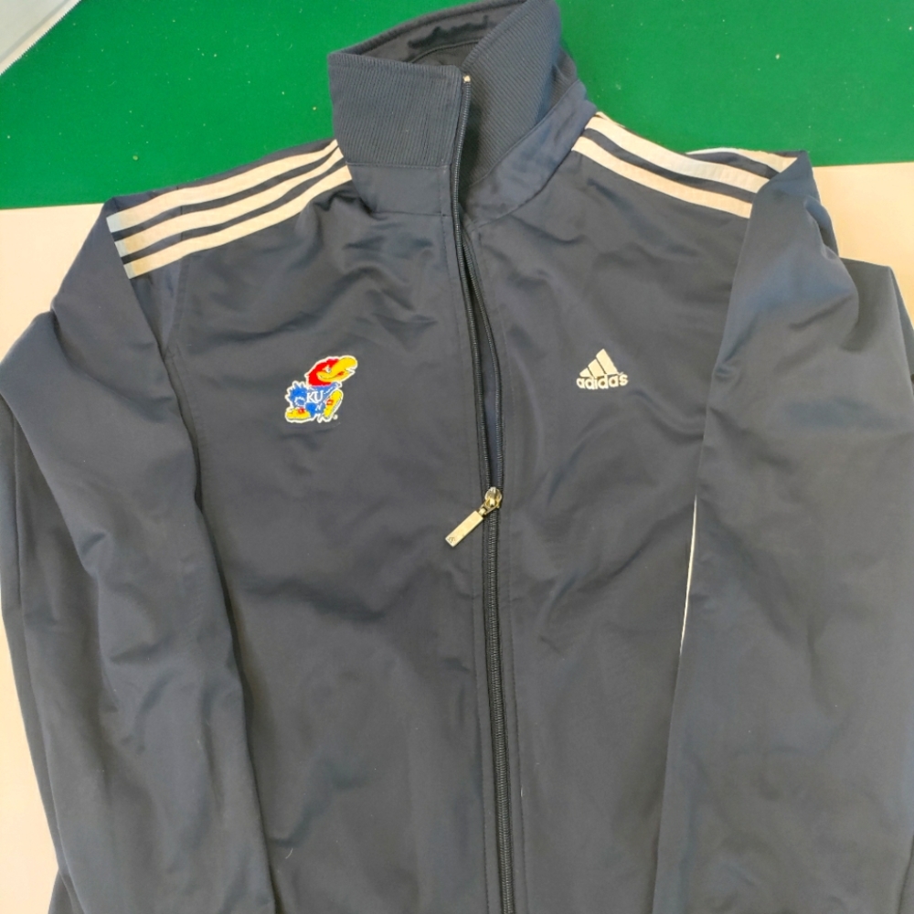ADIDAS KANSAS JAYHAWKS MENS NAVY BLUE 3 STRIPE TRACK JACKET. Used very good cond